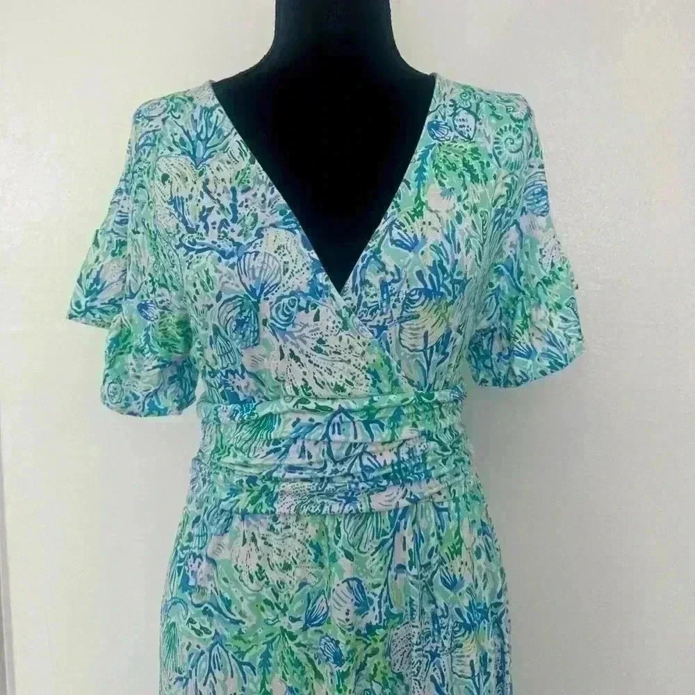 Lilly Pulitzer Midi Wrap Dress Blue Green Floral Butterfly Sleeve Smocked Waist - Picture 6 of 8